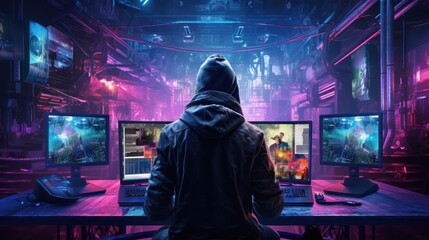 Depict a skilled cyberpunk hacker in a futuristic setting, surrounded by holographic interfaces, intricate code, and virtual reality elements