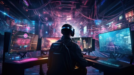 Fototapeta na wymiar Depict a skilled cyberpunk hacker in a futuristic setting, surrounded by holographic interfaces, intricate code, and virtual reality elements