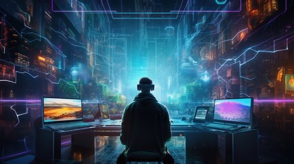 Depict a skilled cyberpunk hacker in a futuristic setting, surrounded by holographic interfaces, intricate code, and virtual reality elements