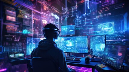 Fototapeta Depict a skilled cyberpunk hacker in a futuristic setting, surrounded by holographic interfaces, intricate code, and virtual reality elements obraz