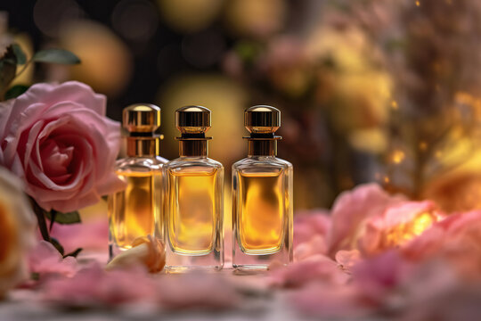 Bottles of perfume and roses