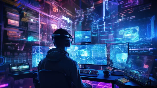 Within a cyberpunk cityscape, a skilled hacker navigates a web of virtual  reality interfaces