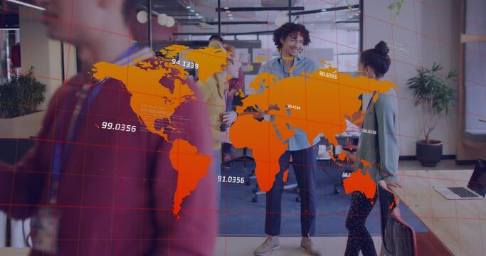 Animation of numbers and computer language on map, diverse coworkers discussing during tea break