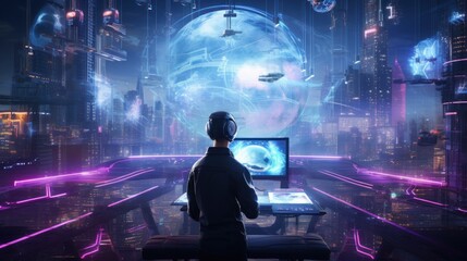 Depict a skilled cyberpunk hacker in a futuristic setting, surrounded by holographic interfaces, intricate code, and virtual reality elements