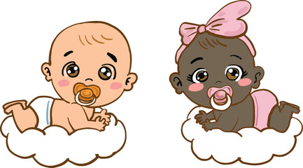 A black girl and a cute boy are lying on soft cushions. illustration for baby shower
