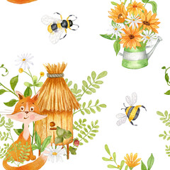 A fox near a beehive with flowers. Watercolor seamless pattern with bees, a fox and a bouquet of sunflowers in a metal watering can. Children's design. The illustration is hand drawn.