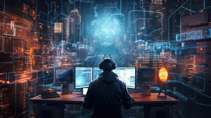 Fototapeta na wymiar Depict a skilled cyberpunk hacker in a futuristic setting, surrounded by holographic interfaces, intricate code, and virtual reality elements