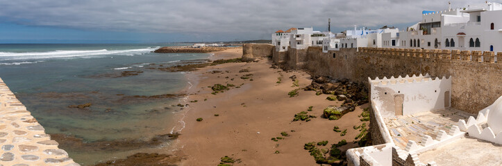 Scenic view of picturesque city center of Asilah, seen from the Marabout of Sidi Ahmad Mansour in Morocco