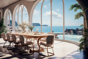 Fototapeta premium Generative AI illustration of dining room with luxury table and chairs overlooking the ocean with natural light.