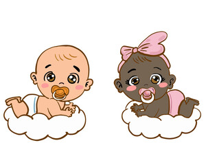 A black girl and a cute boy are lying on soft cushions. illustration for baby shower