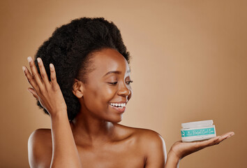 Happy, thinking and a black woman with a product for hair care, wellness and shine. Smile, beauty...