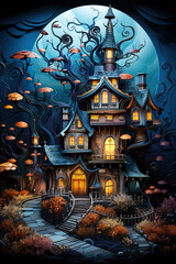 A painting of a house with a full moon in the background. Generative AI. Halloween clipart drawing.