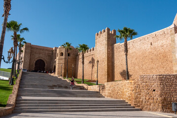 Ancient wall and main gate of the famous Kasbah of the Udayas in downtown Rabat in Morocco
