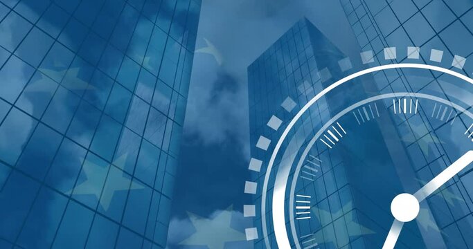 Animation of ticking clock icon over low angle of tall buildings against waving eu flag