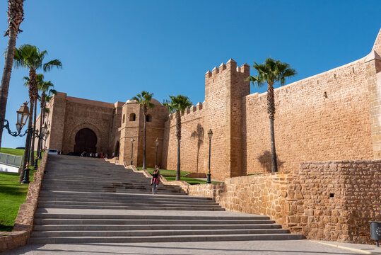Ancient wall and main gate of the famous Kasbah of the Udayas in downtown Rabat in Morocco