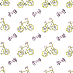 Blue pink and yellow Pattern of sport elements made in doodle style. Doodle bicycle, dumbbells. Sport object for banner textile design. Cute cartoon character.