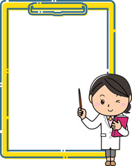 大きなクリップボードフレームの前で指し棒を持って説明する白衣の女性