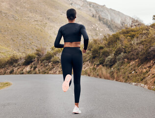 Fitness, running and back with black woman in nature for health, workout and challenge....