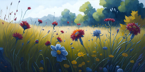 Fototapeta na wymiar Meadow wild flowers watercolor paint. AI generated illustration