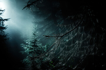 Spiderweb halloween on a dark forest generative ai