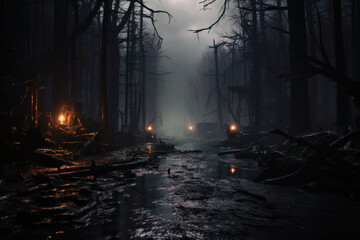 Spooky halloween night forest wet darky and foggy generative ai