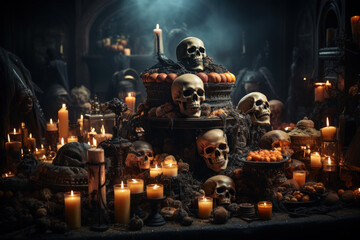 Spooky dining table decorated with skulls and candles halloween terror scene generative ai