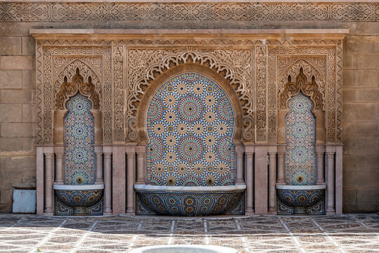 Scenic oriental decorated fountain at the mosque of the Hassan quarter in Rabat