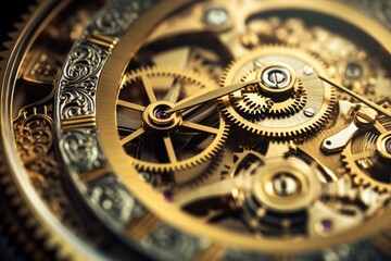 Gears and cogs in clockwork watch mechanism golden. Generative AI