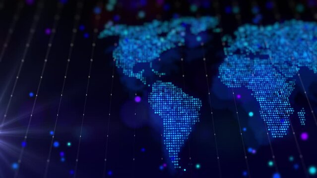 Digital map of the world in the form of a bright glowing composition of particles. Virtual composition of big data in geographical contours
