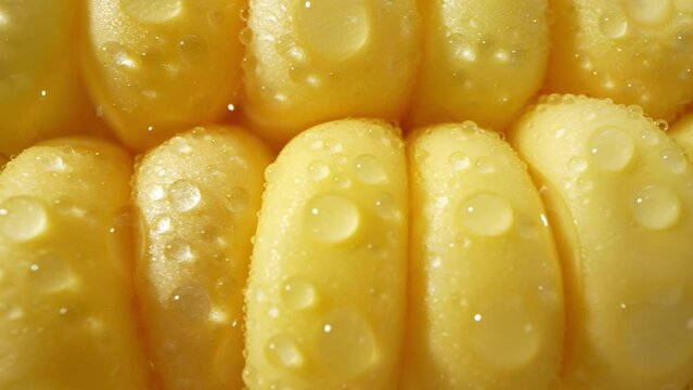 Captivating macro video of sweetcorn glistening with droplets of water. Every kernel becomes a mesmerizing world of its own, revealing nature's delicate beauty. Sweetcorn background

