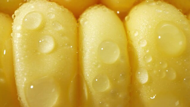 A mesmerizing macro video captures sweetcorn kernels glistening with tiny droplets of water, showcasing their natural beauty and tempting freshness. Sweetcorn background
