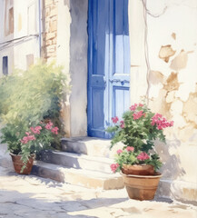 Streets of a small Mediterranean town with traditional houses with blue doors and potted flowers.