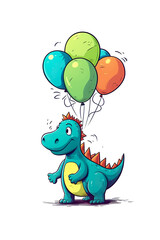 Fototapeta premium A cartoon dinosaur holding a bunch of balloons. Generative AI.
