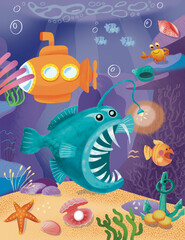 Naklejka na ściany i meble Funny scary fish devil chases cute little fish. Underwater animals. Sea creatures. Cartoon style illustration. Watercolour drawing. Scene for design.