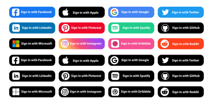 Buttons Sign in with Google, Facebook,  Apple,Twitter,Microsoft,GitHub,Reddit,LinkedIn,Instagram,Pinterest,Dribbble,Spotify.Authenticate  User Login with.Vector Stock Vector