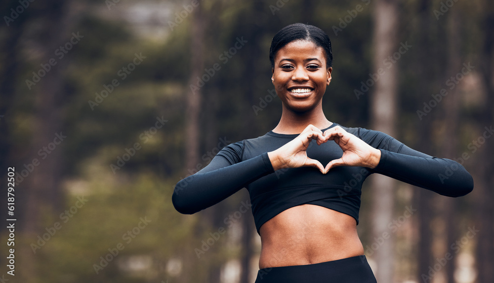 Canvas Prints Heart hand, black woman and fitness in nature with exercise and fitness with love gesture. Sport, female person and support outdoor by the trees after a run with romance sign from a workout in park