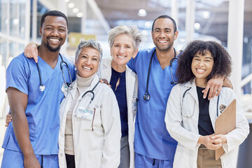 Happy portrait, group and doctors for healthcare service, leadership and teamwork in hospital...