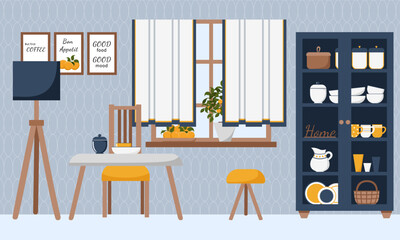 Cute modern style kitchen in navy blue, orange and white tones. Interior and furniture collection. Scandinavian design. Vector cartoon flat illustration