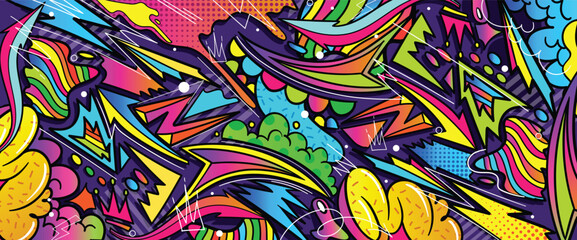 Graffiti doodle art background with vibrant colors hand-drawn style. Street art graffiti urban theme for prints, banners, and textiles in vector format