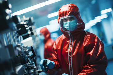 A man in a red jacket and mask working on a machine. Generative AI. Workers in protective wear in industrial manufacturing cleanroom environment.