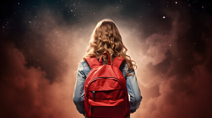 Back view of student girl with backpack. Concept of back to school. AI generated