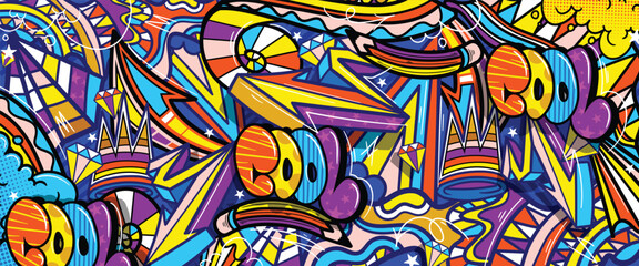 Graffiti doodle art background with vibrant colors hand-drawn style. Street art graffiti urban theme for prints, banners, and textiles in vector format © Themeaseven