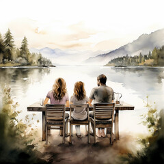 A Watercolor Painting of a Family Sitting Beside a Lake Generative AI
