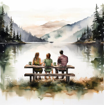 A Watercolor Painting of a Family Sitting Beside a Lake Generative AI