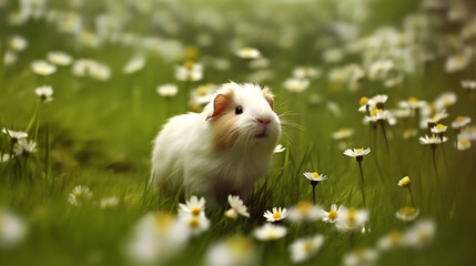 Cute guinea pig with small white flowers. AI generated