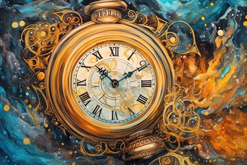 Fototapeta na wymiar A painting of a clock with a sky background. Generative AI.