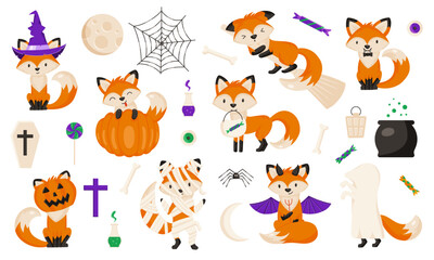 Set of funny foxes in Halloween costumes. Vector illustration of witch, Jack-o-Lantern, ghost, mummy, devil, vampire. Holiday spooky symbols - cobweb and spider, moon, candies, cauldron, potions