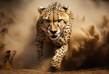 Naklejka na ściany i meble Cheetah stalking fro prey on savanna, running in the sand in africa. digital art.
