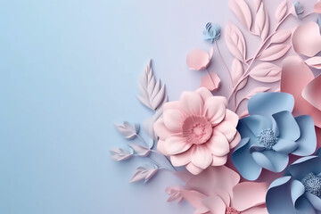 Top view of 3d paper flowers and leaves background