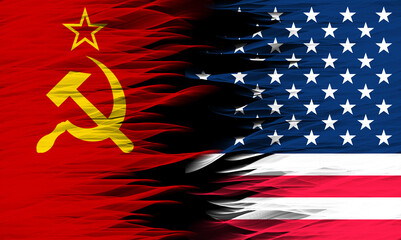 The Cold War. Flag of the Soviet Union (1922-1991). Flag of the United States (50 stars), 3d illustration